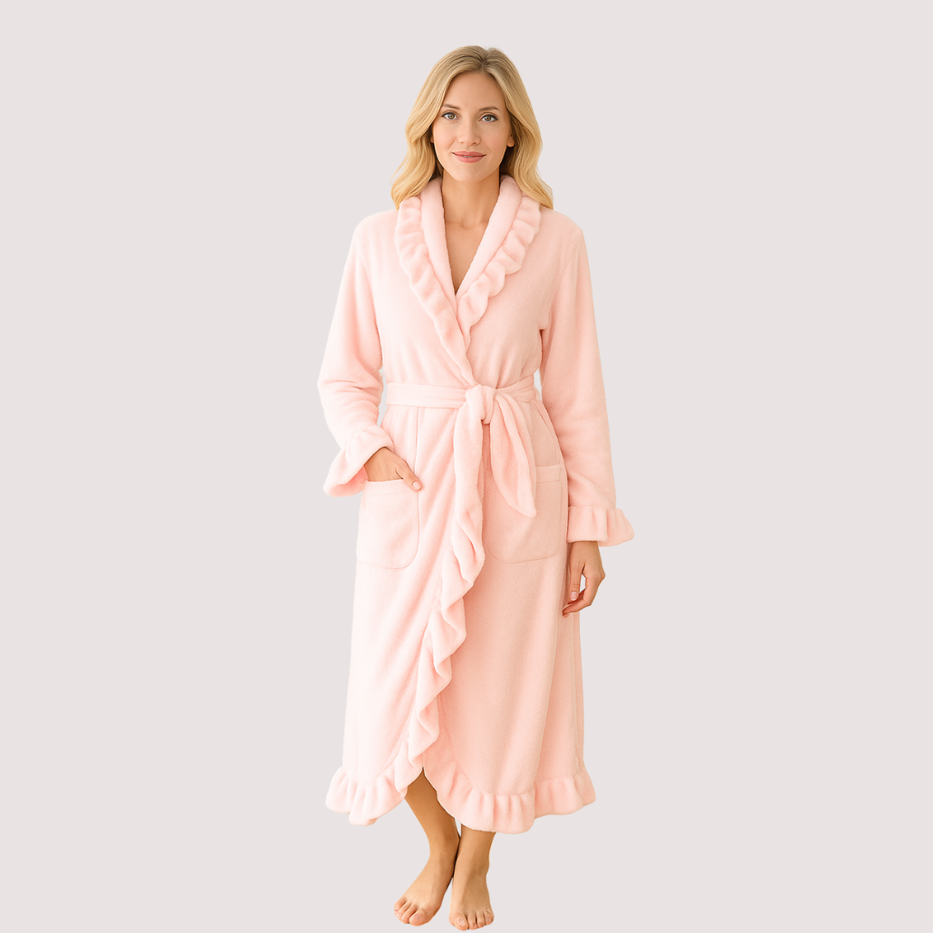 Cassy | Eleganter Plüschbademantel mit Rüschen
