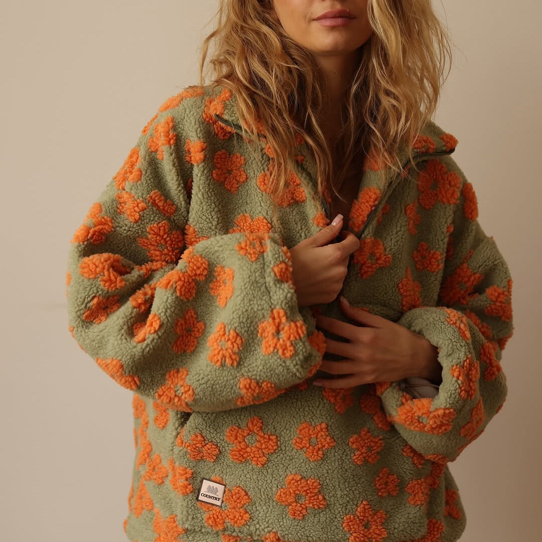 Selma – Langärmeliger Vlies Pullover Mit Blumen Muster