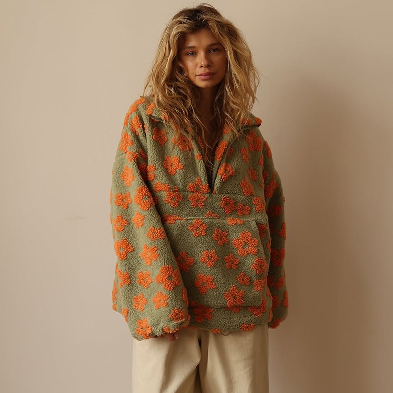 Selma – Langärmeliger Vlies Pullover Mit Blumen Muster