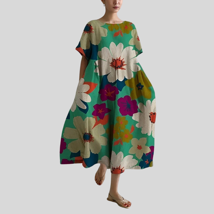 Damen Midi-Kleid | Abstrakter Blumenprint, Lockerer Schnitt, Kurzarm & Künstlerisch Modernes Design