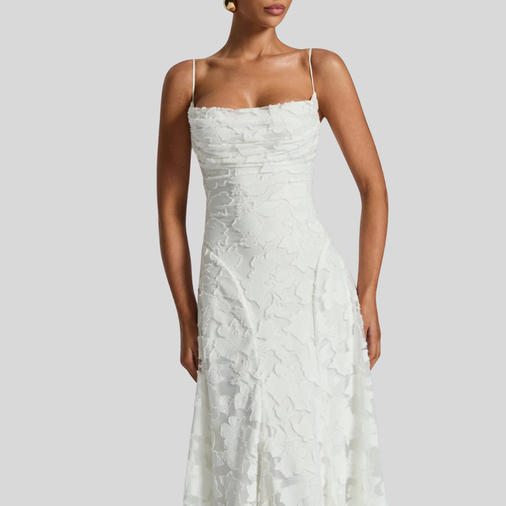 Damen Abend-Maxikleid | Florale Struktur, Spaghettiträger, A-Linien-Schnitt & Eleganter Festlicher Stil