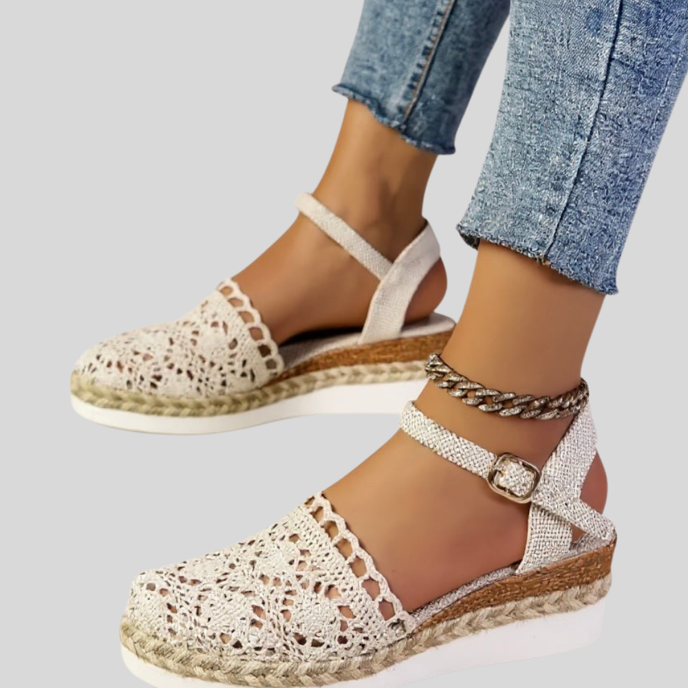 Damen Espadrille-Sandalen | Häkeloptik, Knöchelriemen, Keilsohle & Sommerlich Eleganter