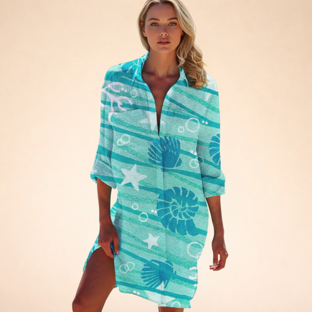 Damen Strand Hemdblusenkleid | Batik Print – Lockerer Schnitt, Knopfleiste & Sommerlicher Beach Style
