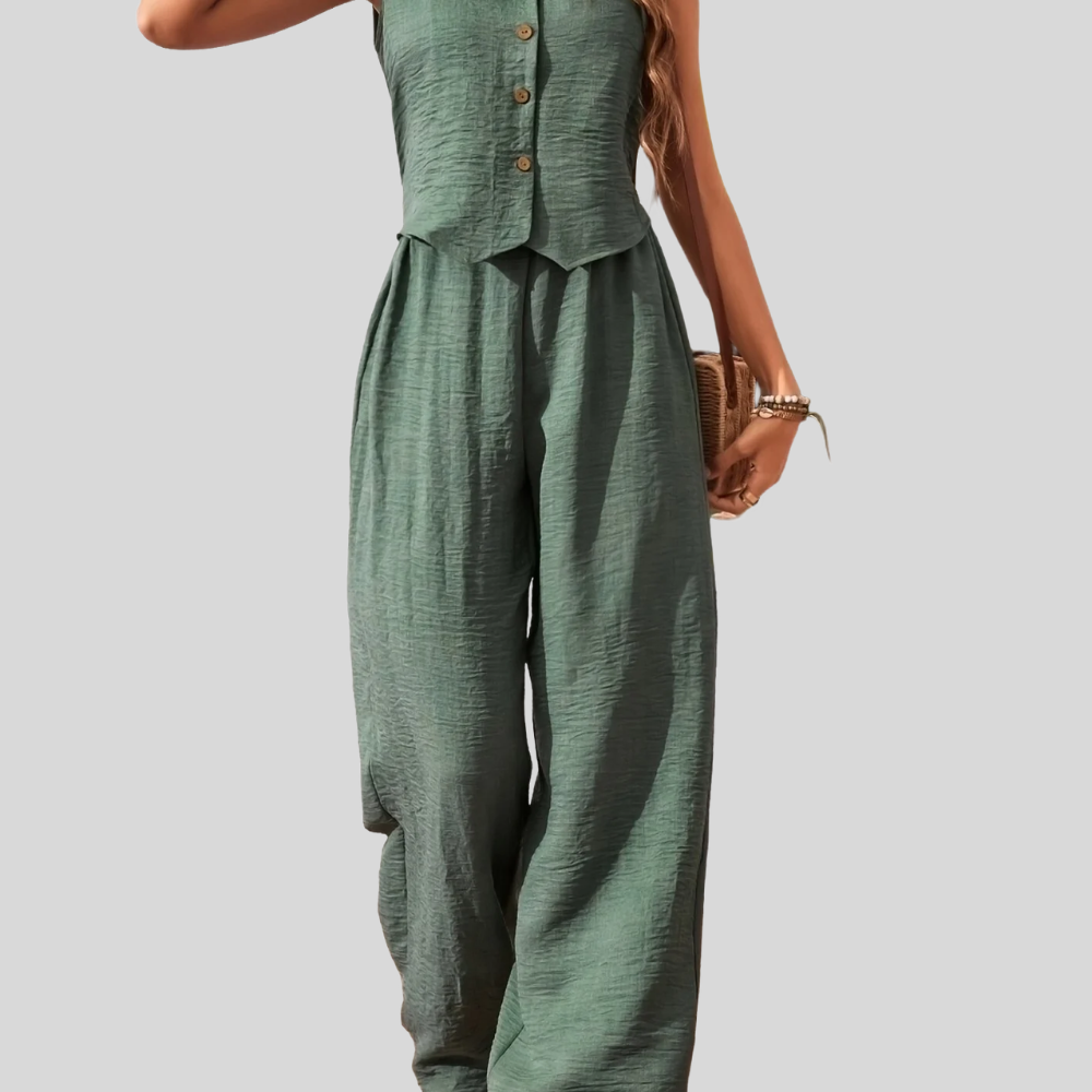 Damen Eleganter Zweiteiler Jumpsuit mit Weste und Weiten Hosen – Freizeit & Sommer Outfit