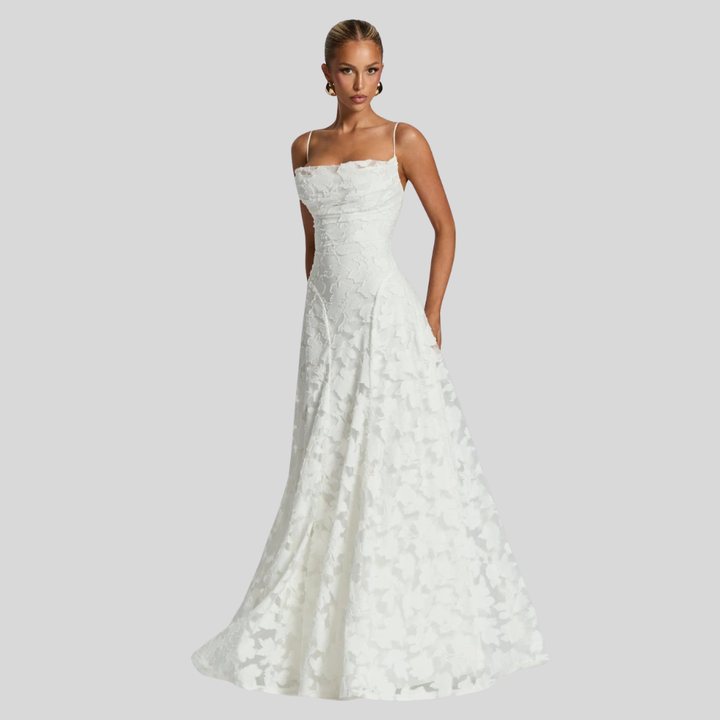 Damen Abend-Maxikleid | Florale Struktur, Spaghettiträger, A-Linien-Schnitt & Eleganter Festlicher Stil