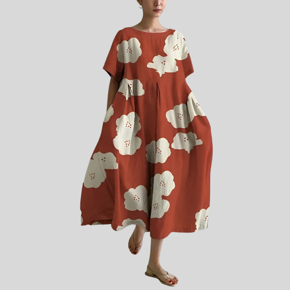 Damen Midi-Kleid | Abstrakter Blumenprint, Lockerer Schnitt, Kurzarm & Künstlerisch Modernes Design