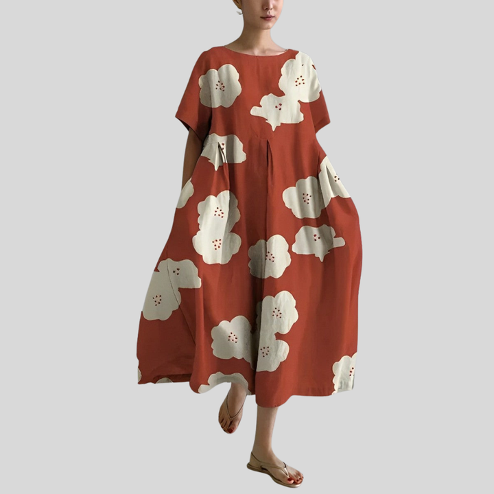 Damen Midi-Kleid | Abstrakter Blumenprint, Lockerer Schnitt, Kurzarm & Künstlerisch Modernes Design