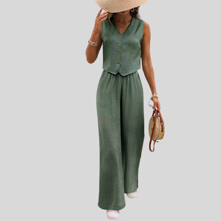 Damen Eleganter Zweiteiler Jumpsuit mit Weste und Weiten Hosen – Freizeit & Sommer Outfit
