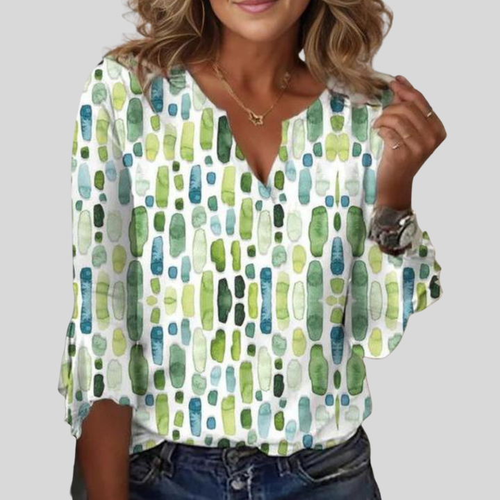 Damen Bluse | Abstraktes Muster, V-Ausschnitt, Lockerer Schnitt & Moderner Alltagsstil