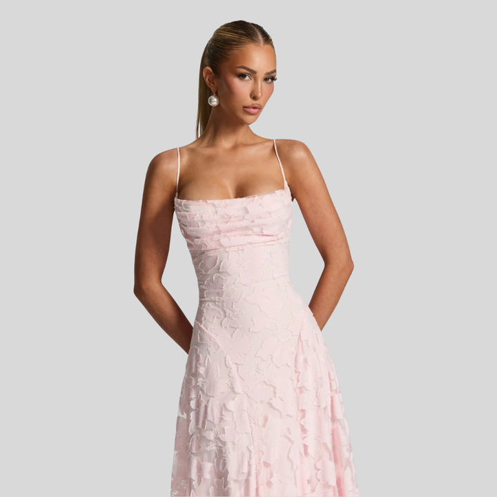Damen Abend-Maxikleid | Florale Struktur, Spaghettiträger, A-Linien-Schnitt & Eleganter Festlicher Stil