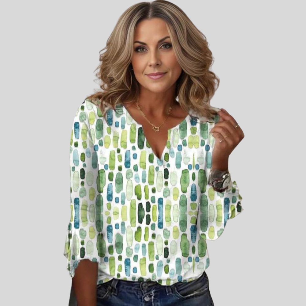 Damen Bluse | Abstraktes Muster, V-Ausschnitt, Lockerer Schnitt & Moderner Alltagsstil