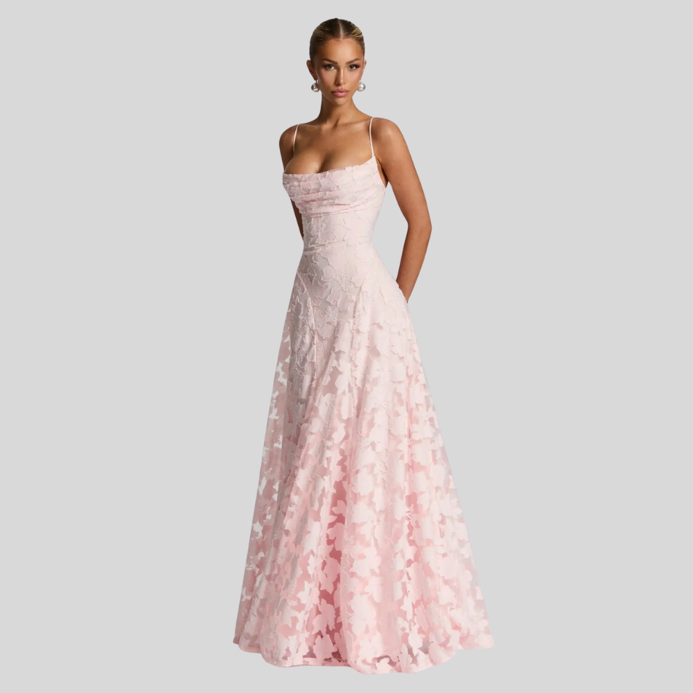 Damen Abend-Maxikleid | Florale Struktur, Spaghettiträger, A-Linien-Schnitt & Eleganter Festlicher Stil