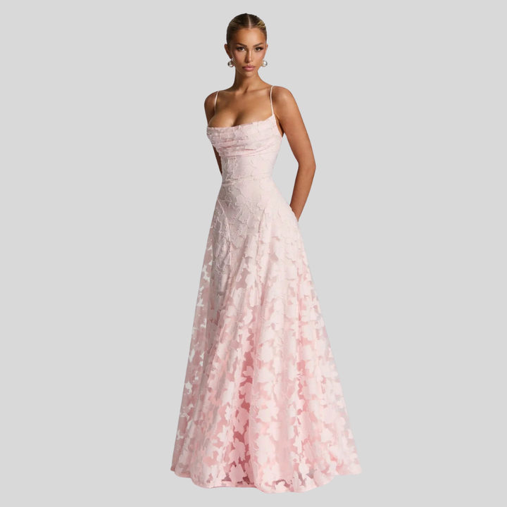 Damen Abend-Maxikleid | Florale Struktur, Spaghettiträger, A-Linien-Schnitt & Eleganter Festlicher Stil
