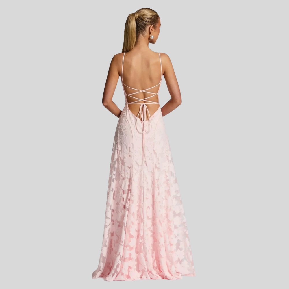 Damen Abend-Maxikleid | Florale Struktur, Spaghettiträger, A-Linien-Schnitt & Eleganter Festlicher Stil