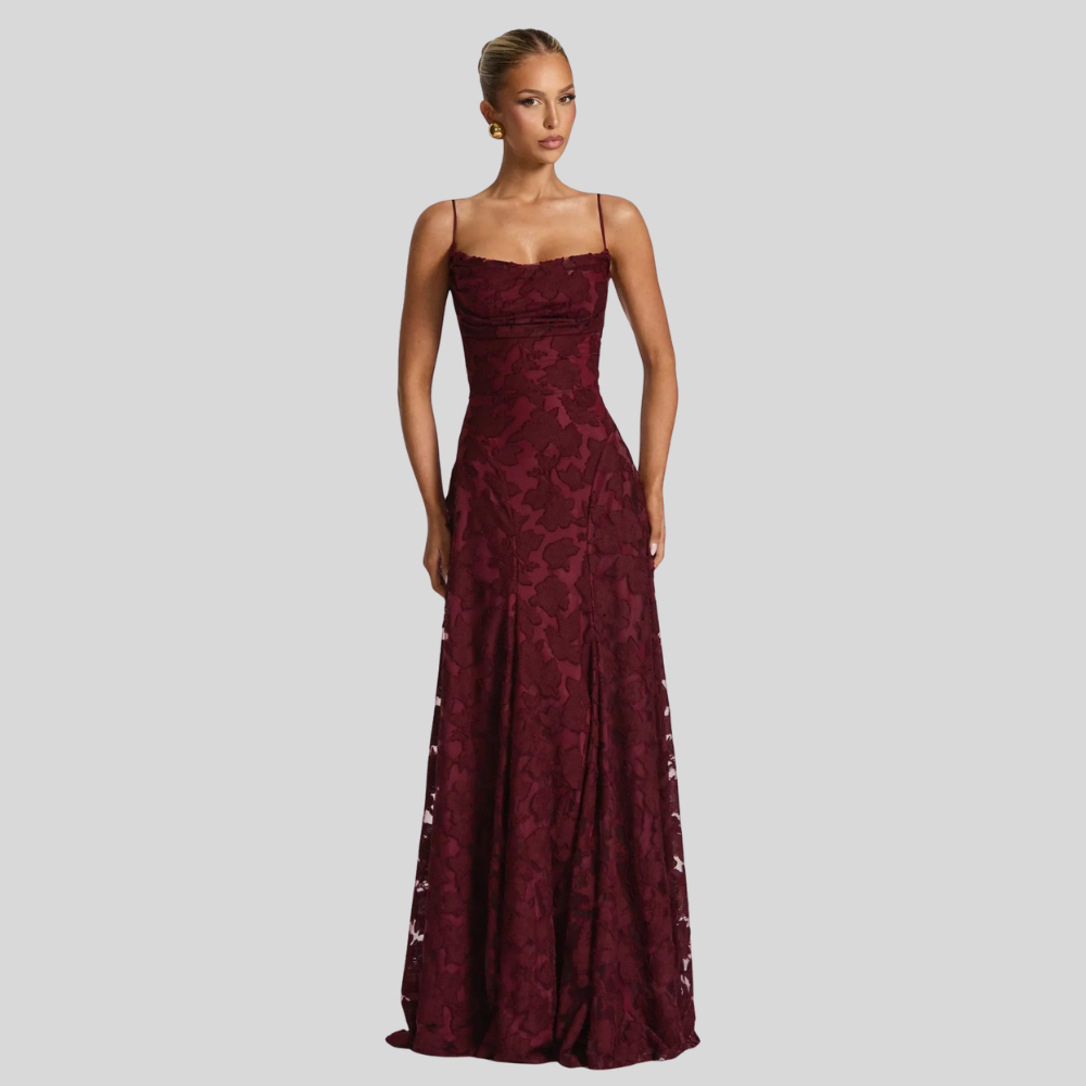 Damen Abend-Maxikleid | Florale Struktur, Spaghettiträger, A-Linien-Schnitt & Eleganter Festlicher Stil