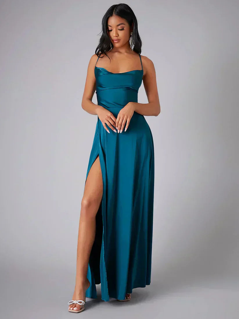 Damen Maxi-Abendkleid – Hoher Schlitz, Spaghettiträger & Schlanke Silhouette