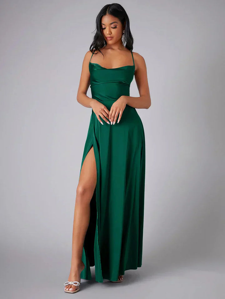 Damen Maxi-Abendkleid – Hoher Schlitz, Spaghettiträger & Schlanke Silhouette