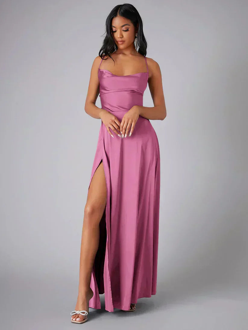 Damen Maxi-Abendkleid – Hoher Schlitz, Spaghettiträger & Schlanke Silhouette