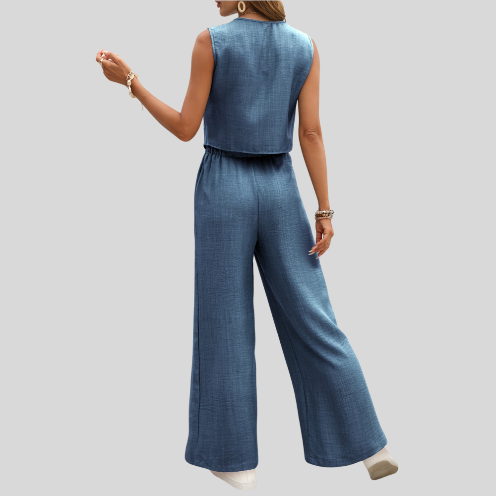 Damen Eleganter Zweiteiler Jumpsuit mit Weste und Weiten Hosen – Freizeit & Sommer Outfit