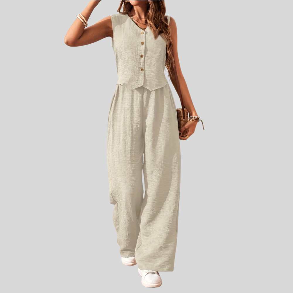 Damen Eleganter Zweiteiler Jumpsuit mit Weste und Weiten Hosen – Freizeit & Sommer Outfit