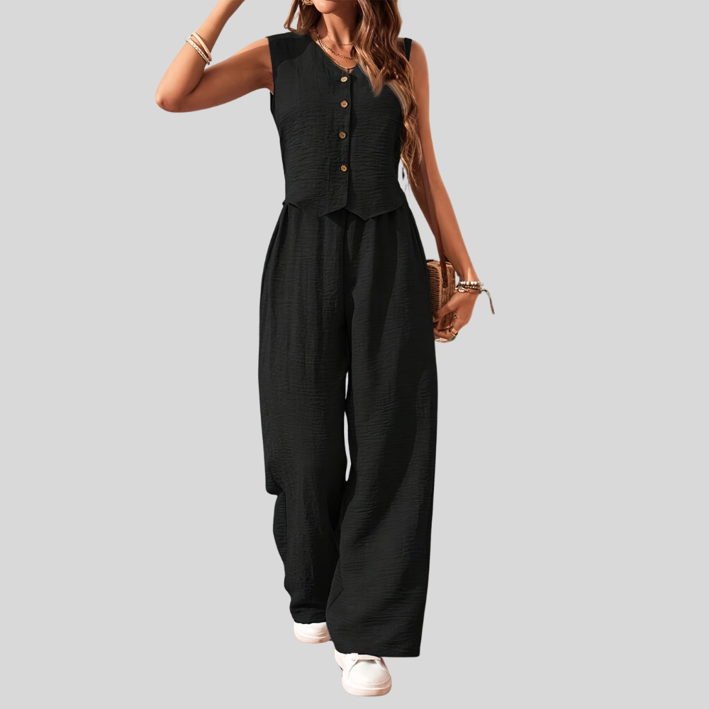 Damen Eleganter Zweiteiler Jumpsuit mit Weste und Weiten Hosen – Freizeit & Sommer Outfit
