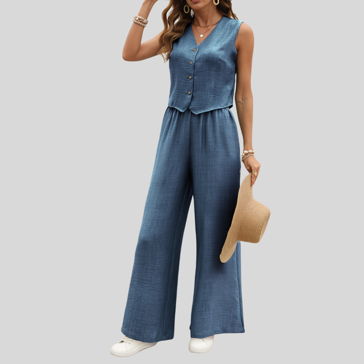 Damen Eleganter Zweiteiler Jumpsuit mit Weste und Weiten Hosen – Freizeit & Sommer Outfit