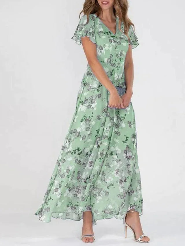 Damen Blumen-Maxikleid | V-Ausschnitt – Rüschenärmel, Fliessender Schnitt & Sommerlich Elegant