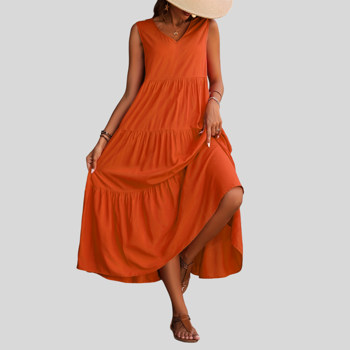 Damen Maxi-Kleid | Ärmelloses Design, V-Ausschnitt, Stufenrock & Sommerlich Eleganter Stil