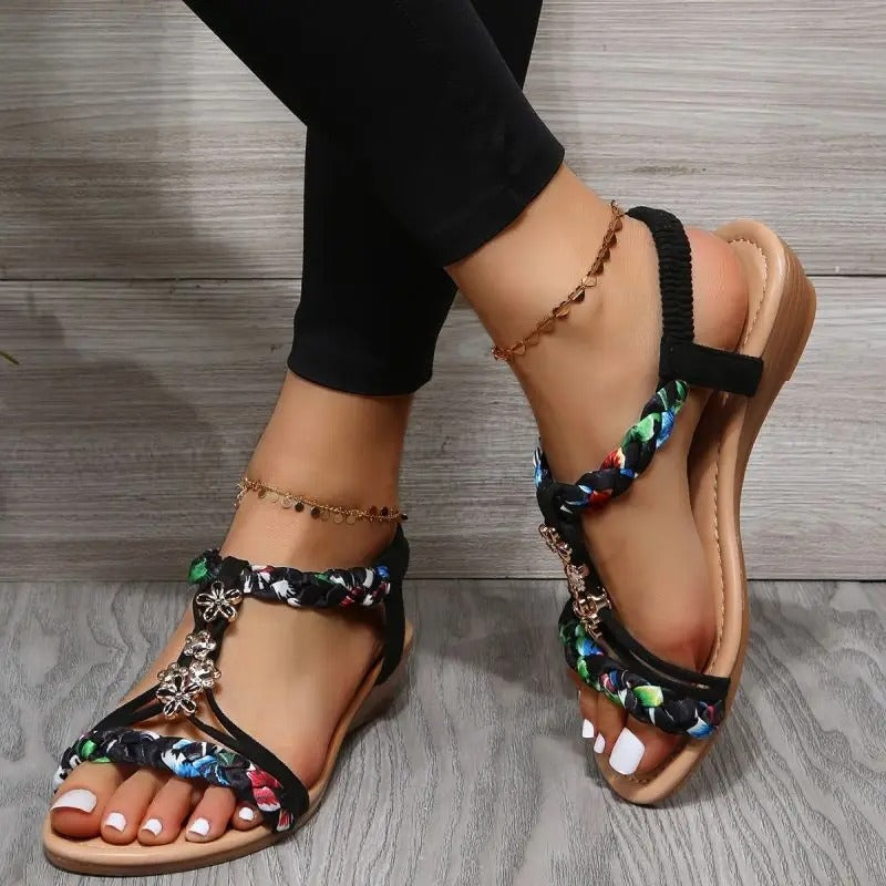 Damen Boho-Sandalen – Geflochtenes Design, Elastischer Fersenriemen & Stilvoll