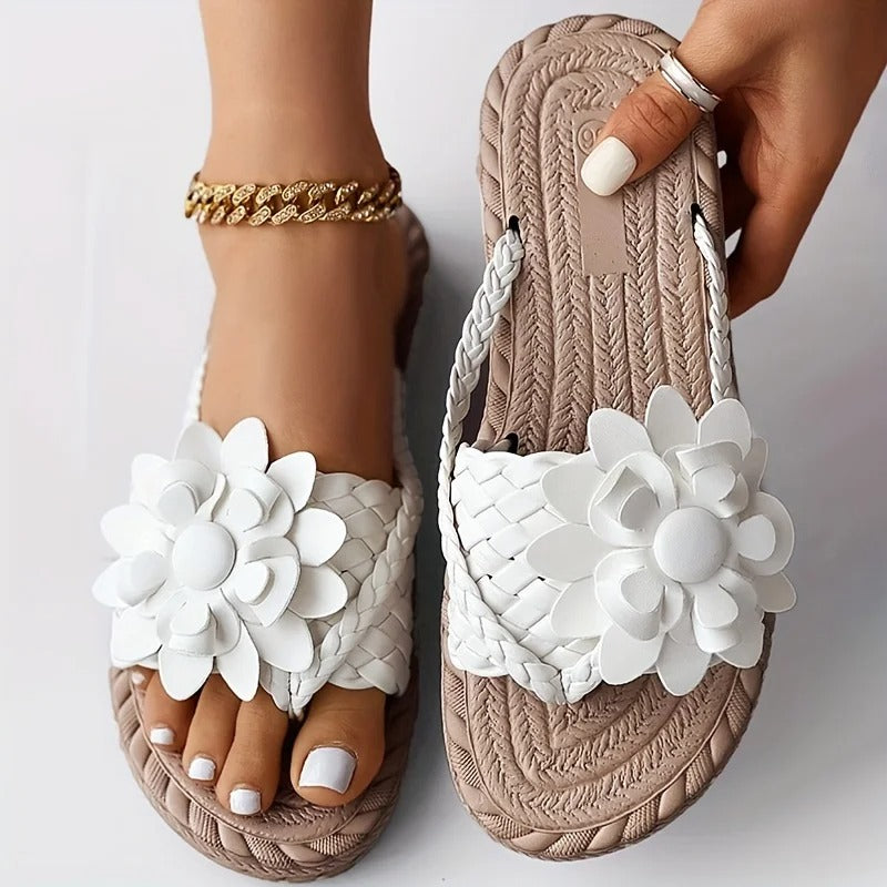 Damen Blumen-Flachsandalen – Geflochtene Riemen, Weiches Futter & Feminin