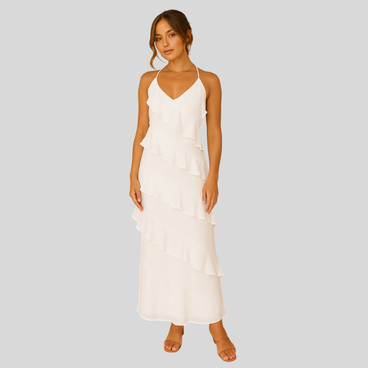Damen Maxi-Kleid | Volantdesign, Spaghettiträger, Fliessende Silhouette & Sommerlich Eleganter Stil