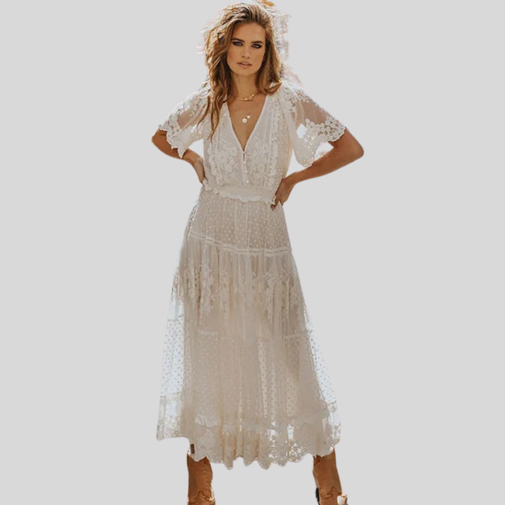 Damen Midi-Kleid | Spitzenbesatz, V-Ausschnitt, Gestufter Rock & Romantisch Eleganter Stil