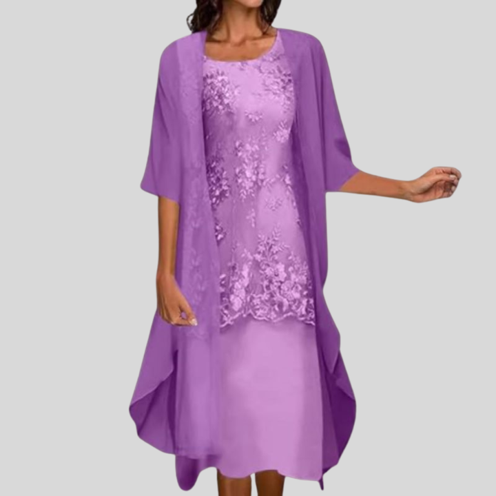 Damen Midikleid | Spitzenbesatz, Offener Überwurf, Fliessende Silhouette & Festlich Eleganter Stil