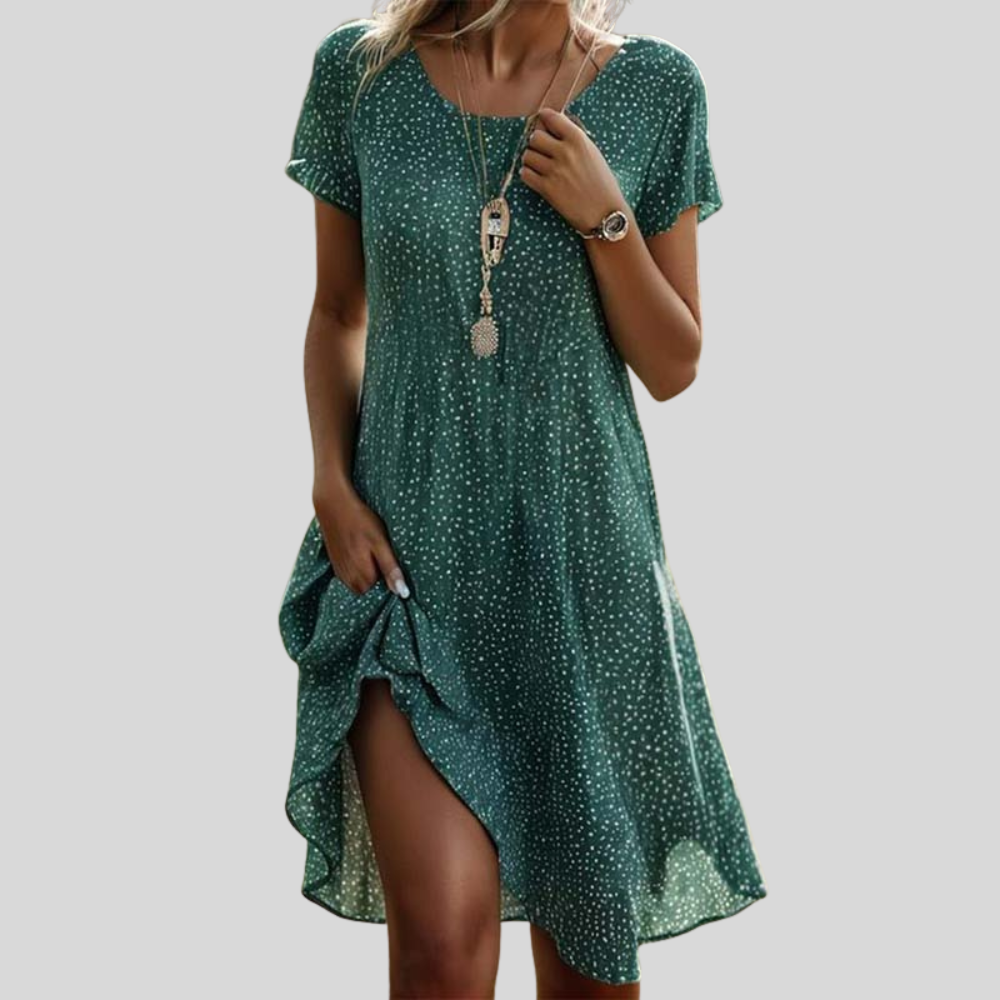 Damen Midi-Kleid | Punktmuster, Lockerer Schnitt, Kurzarm & Lässiger Sommerlicher Stil