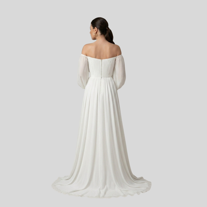 Damen Braut-Maxikleid | Off-Shoulder-Ausschnitt, Plissiertes Oberteil, Fliessende Silhouette & Zeitlose Romantische Eleganz