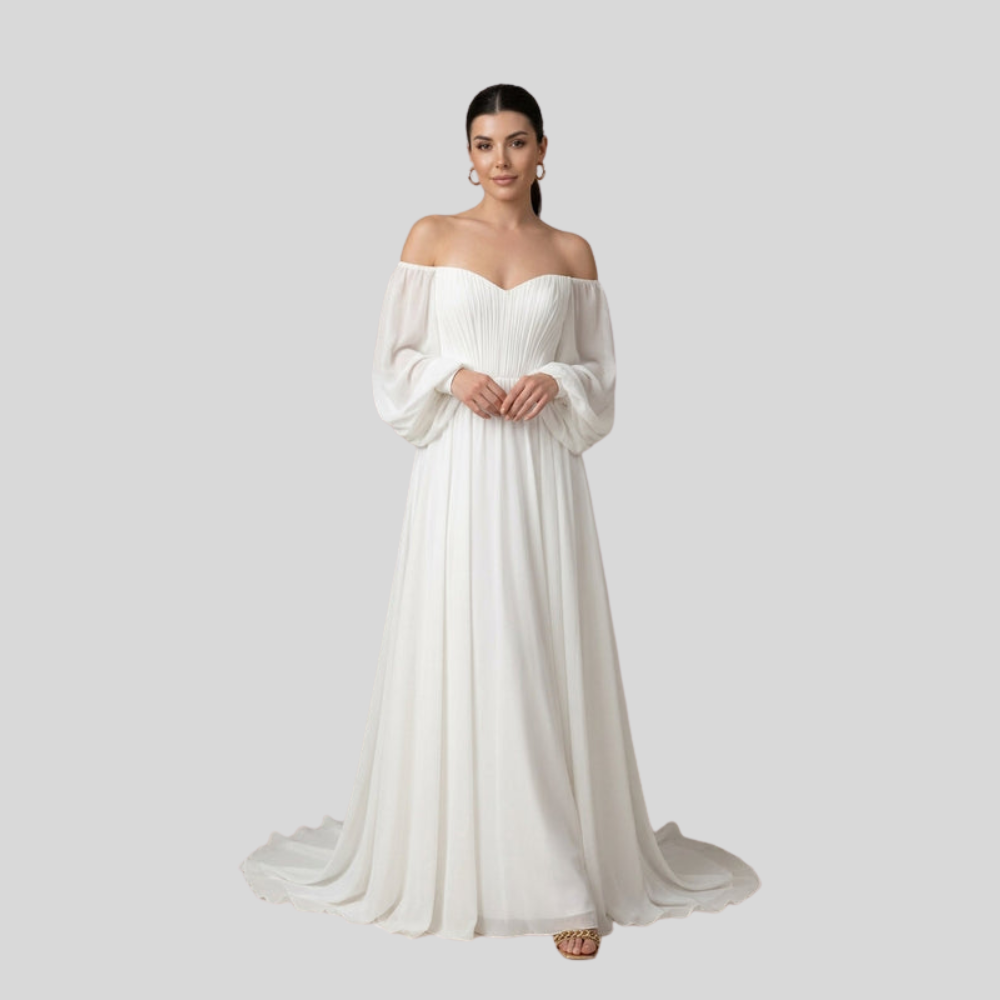 Damen Braut-Maxikleid | Off-Shoulder-Ausschnitt, Plissiertes Oberteil, Fliessende Silhouette & Zeitlose Romantische Eleganz