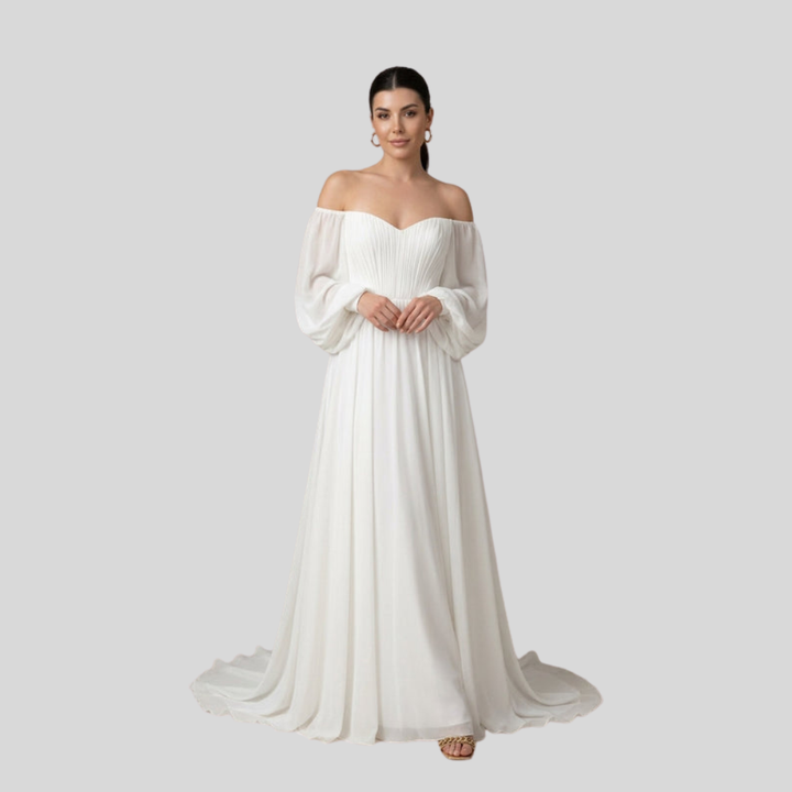 Damen Braut-Maxikleid | Off-Shoulder-Ausschnitt, Plissiertes Oberteil, Fliessende Silhouette & Zeitlose Romantische Eleganz