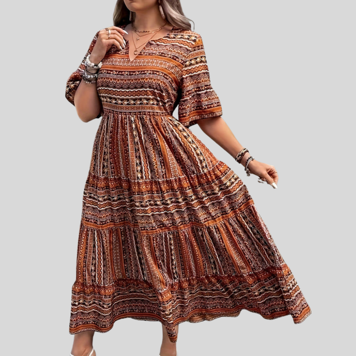 Damen Maxi-Kleid | Ethnomuster, Volantstufen, Langarmdesign & Boho Sommerstil