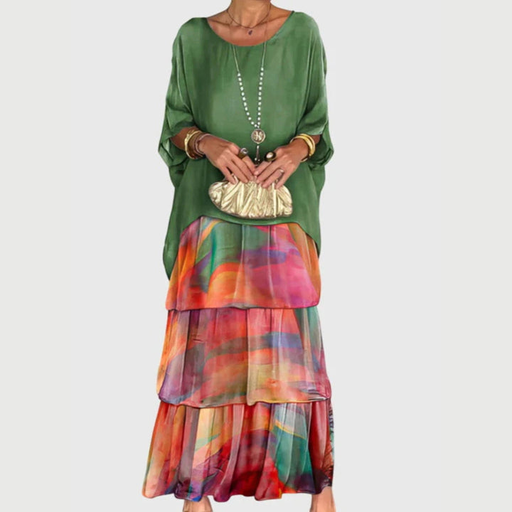 Damen Maxi-Kleid | Lagenlook-Design, Farbverlauf-Muster, Fliessende Silhouette & Künstlerisch Eleganter Stil