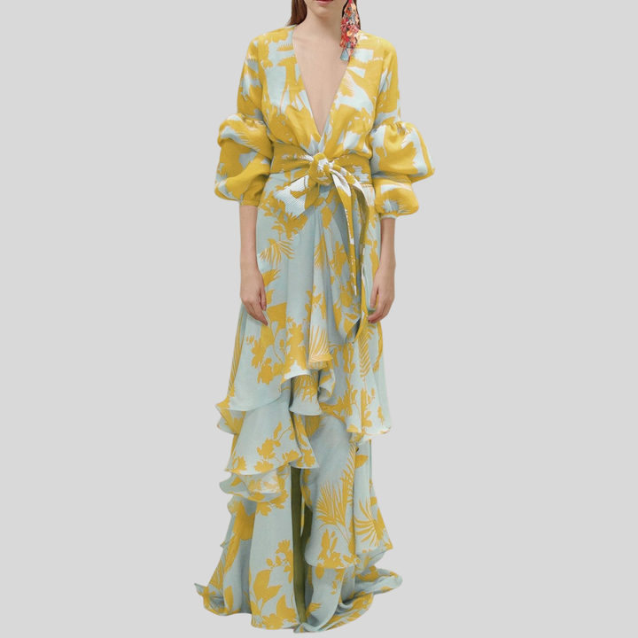 Damen Maxi-Wickelkleid | Tiefes V-Dekolleté, Volumenärmel, Volantstufen & Festlich Eleganter Stil