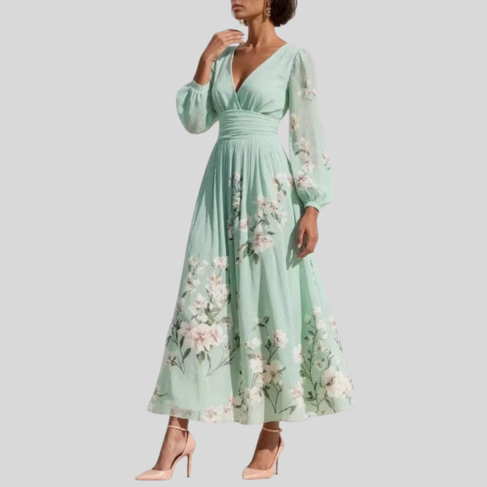 Damen Midi-Kleid | Blumenmuster, V-Ausschnitt, Puffärmel & Eleganter Festlicher Stil