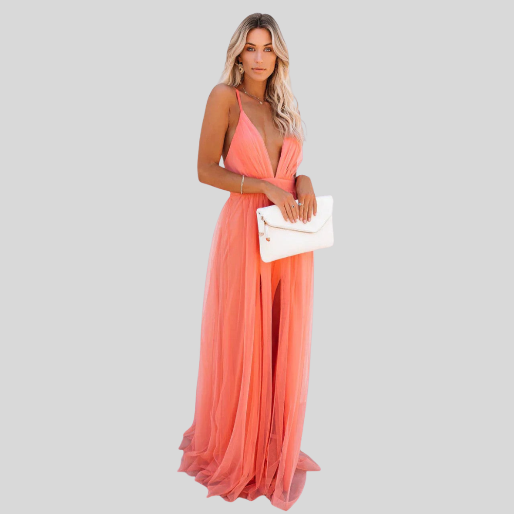 Damen Abend-Maxikleid | Tiefer V-Ausschnitt, Plissierter Rock, Seitenschlitz & Eleganter Gala-Stil