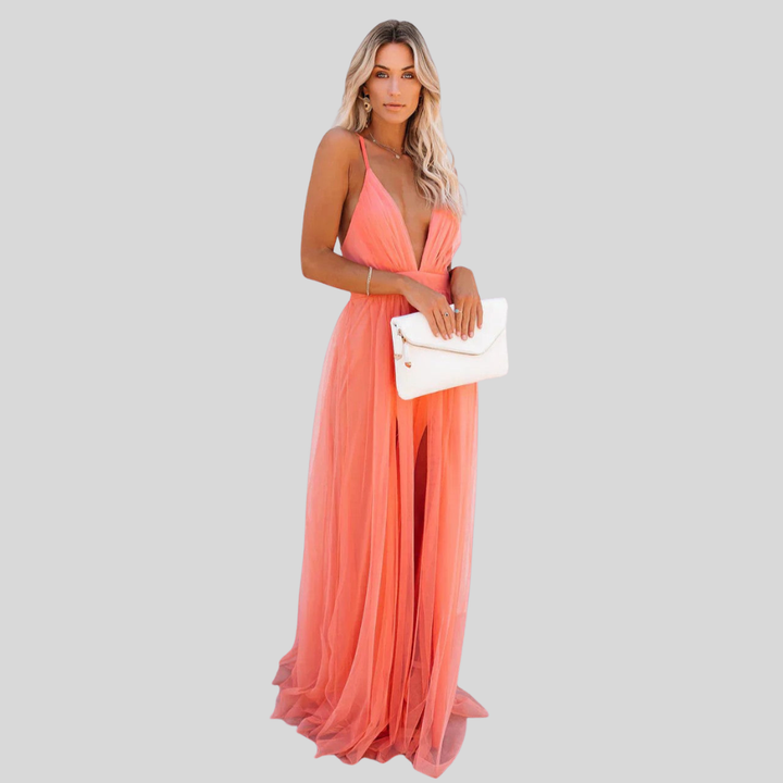 Damen Abend-Maxikleid | Tiefer V-Ausschnitt, Plissierter Rock, Seitenschlitz & Eleganter Gala-Stil