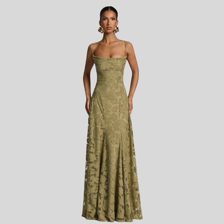 Damen Abend-Maxikleid | Florale Struktur, Spaghettiträger, A-Linien-Schnitt & Eleganter Festlicher Stil