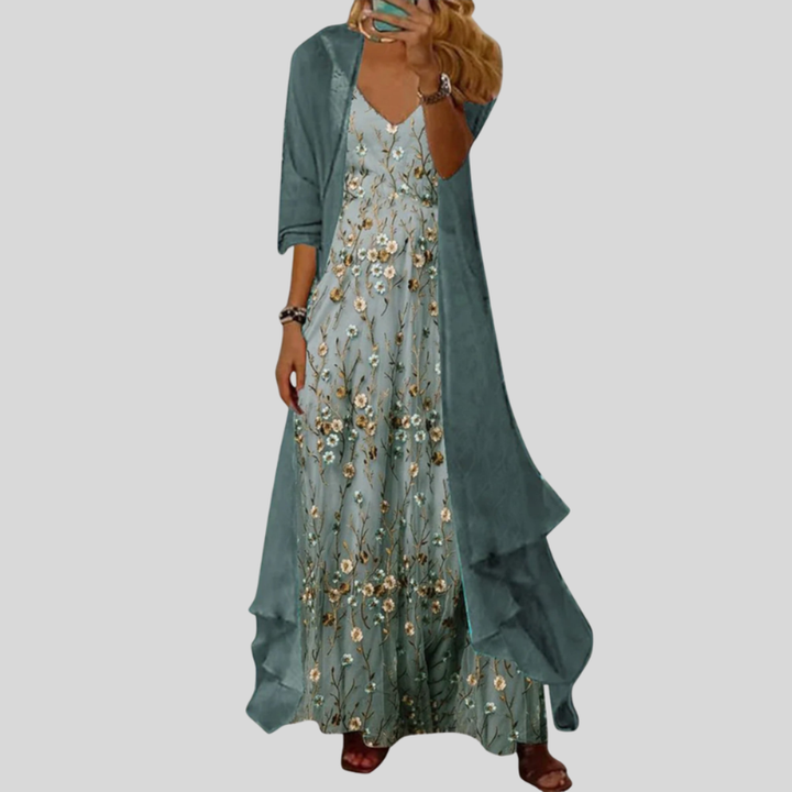 Damen Maxi-Kleid | Blumenmuster, V-Ausschnitt, Fliessende Silhouette & Elegant Für Besondere Anlaesse