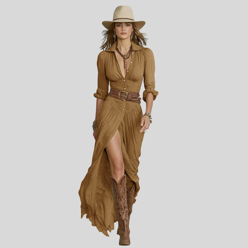 Damen Maxi-Hemdkleid | Taillengürtel, Seitenschlitz, Langarm-Design & Boho Sommerstil