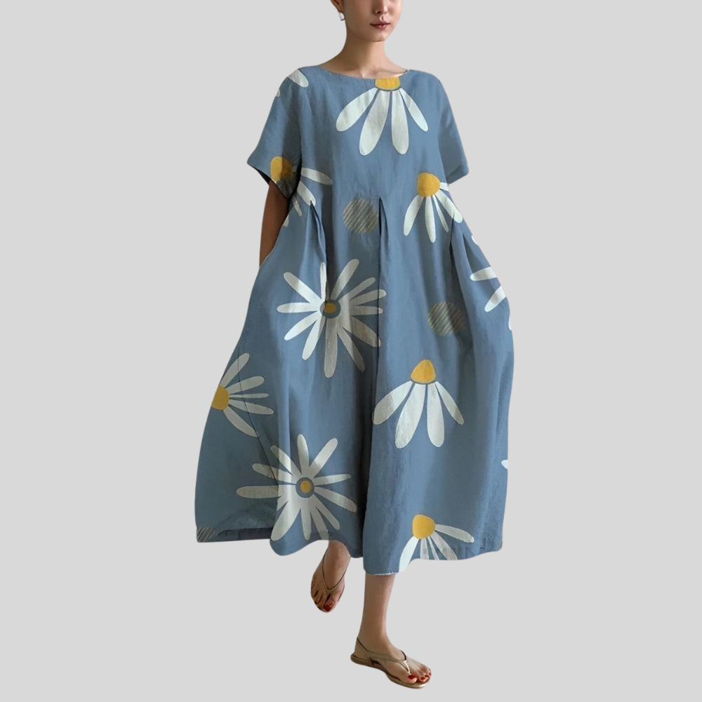 Damen Midi-Kleid | Abstrakter Blumenprint, Lockerer Schnitt, Kurzarm & Künstlerisch Modernes Design