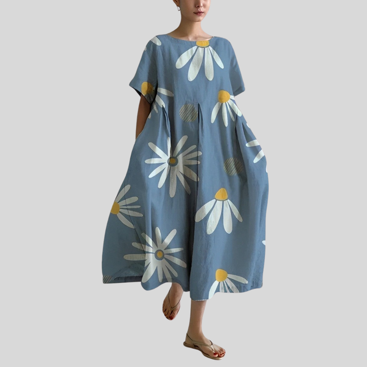 Damen Midi-Kleid | Abstrakter Blumenprint, Lockerer Schnitt, Kurzarm & Künstlerisch Modernes Design
