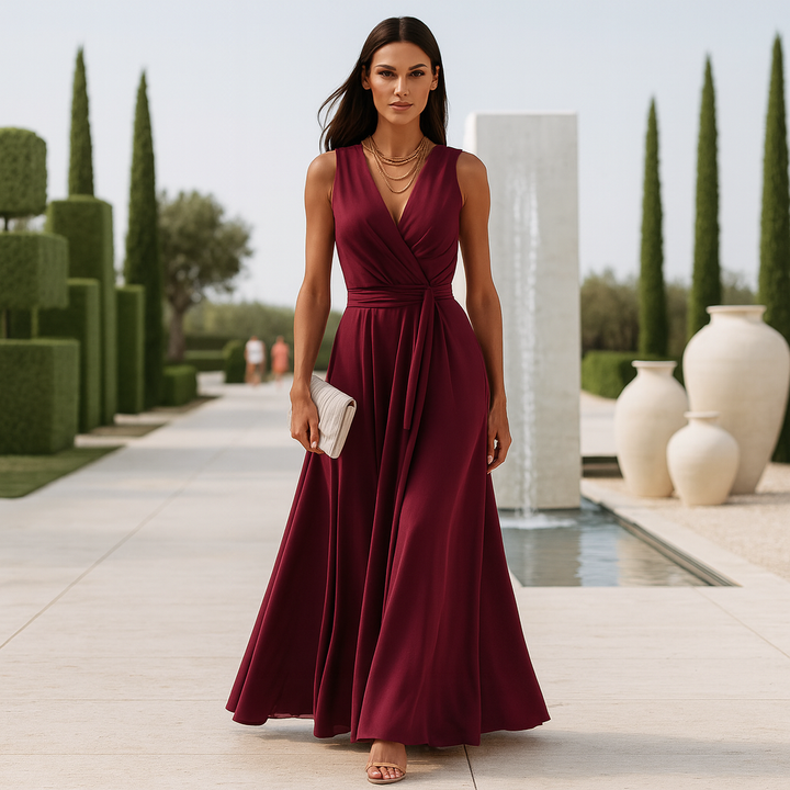 Damen Maxi-Abendkleid – V-Ausschnitt, Fliessend & Zeitlos Elegant