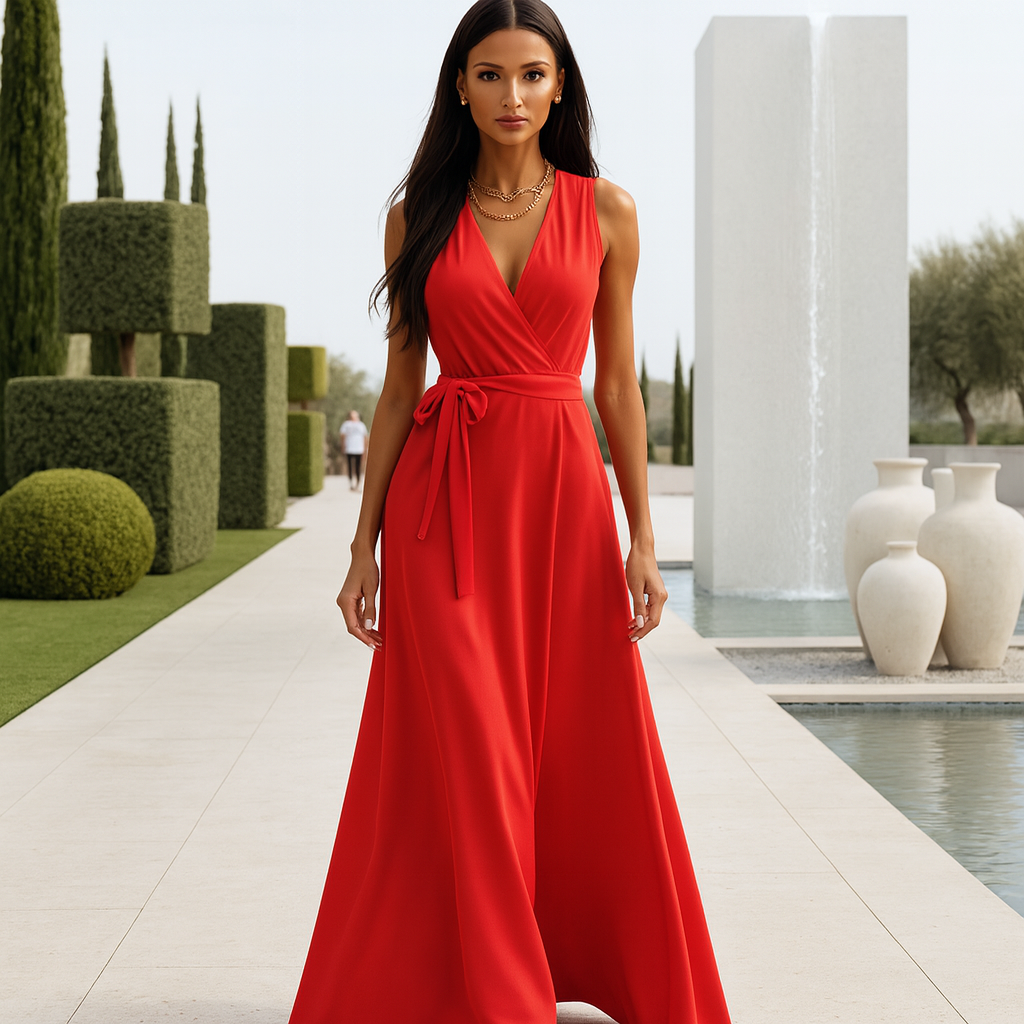 Damen Maxi-Abendkleid – V-Ausschnitt, Fliessend & Zeitlos Elegant